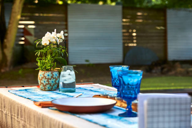 low angle shot of a table setup for a formal dinner in a back yard at sunset. - garden decoration stock pictures, royalty-free photos & images