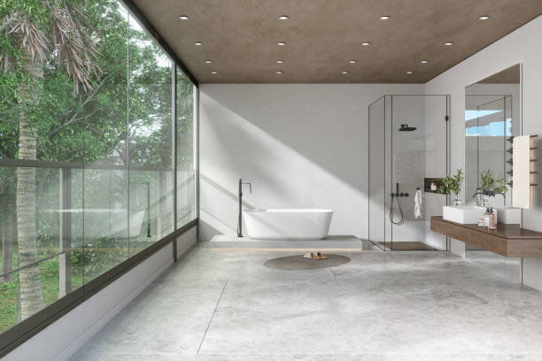 luxury bathroom interior with bathtub, shower cabin, mirror and garden view through the window - garden decoration stock pictures, royalty-free photos & images