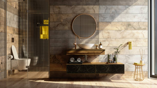 luxury bathroom interior with shower, toilet, mirror and yellow towels. - home decoration stock pictures, royalty-free photos & images