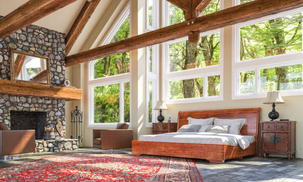luxury chalet fireplace bedroom - home decoration stock pictures, royalty-free photos & images
