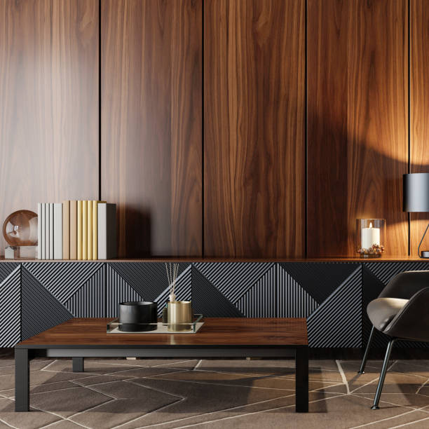 luxury dark living room interior with 75" tv - home decoration stock pictures, royalty-free photos & images