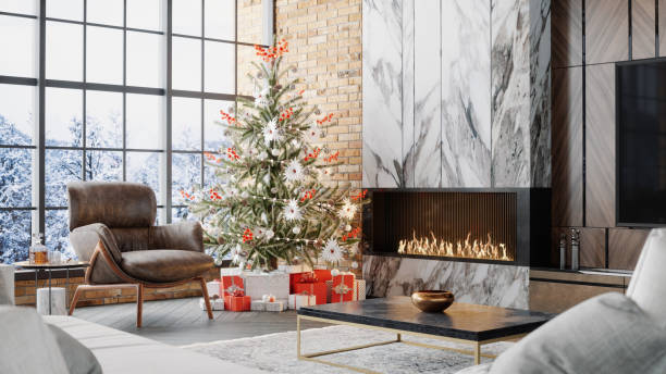 luxury living room with fireplace and christmas decoration - home decoration stock pictures, royalty-free photos & images
