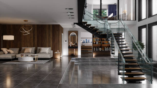 luxury modern house interior with corner sofa, bookshelf and staircase - home decoration stock pictures, royalty-free photos & images