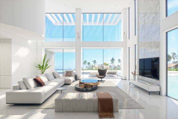 luxury modern living room interior with panoramic sea view - home decoration stock pictures, royalty-free photos & images