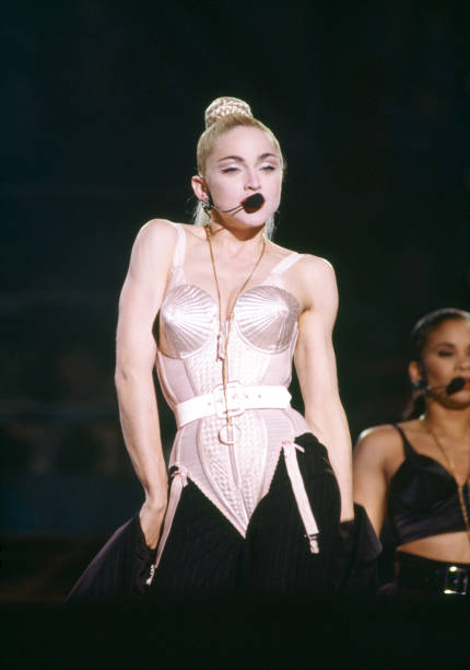Madonna in concert in Tokyo, Japan. She wears the famous outfit designed by Jean-Paul Gaultier.