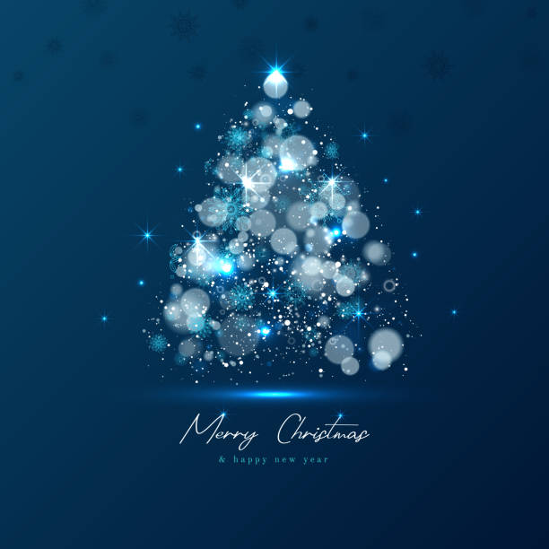 magic xmas tree made from blue lights on dark background - home decoration stock illustrations
