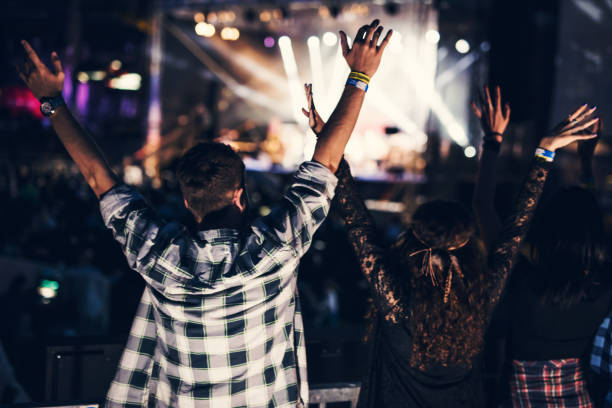 main event of the festival is starting, friends cheering with arms wide open . rear view - concert stock pictures, royalty-free photos & images