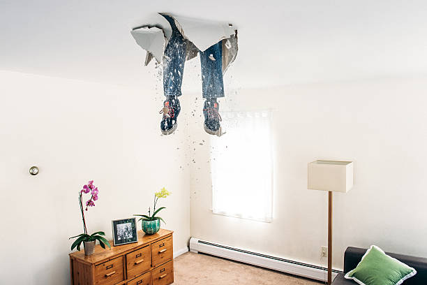 man breaks ceiling drywall while doing diy - home decoration stock pictures, royalty-free photos & images