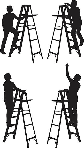 man climbing a step ladder - home decoration stock illustrations