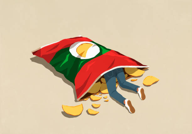 man inside large potato chip bag - junk food stock illustrations
