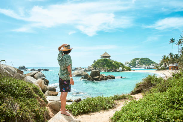man looking towards cabo san juan beach in tayrona national park in colombia - travel stock pictures, royalty-free photos & images