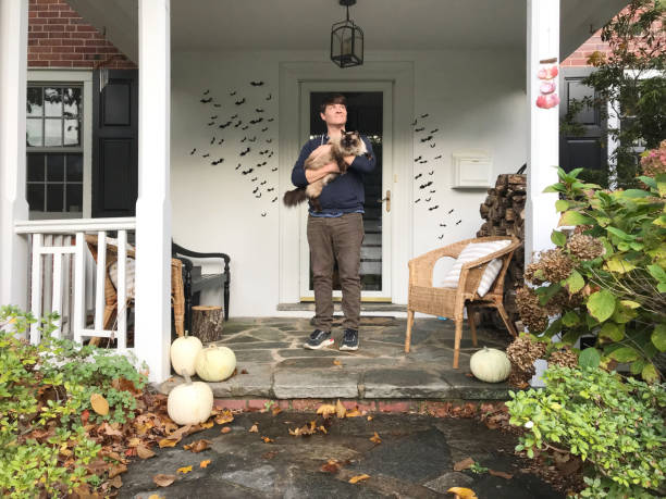 man standing on a porch decorated for halloween and holding a ragdoll cat - garden decoration stock-fotos und bilder