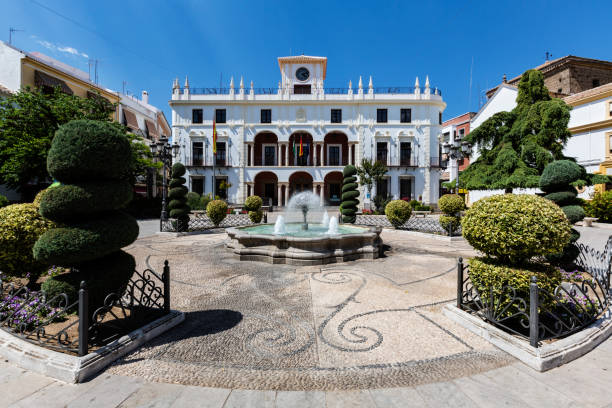 mansion and courtyard with fountain and shrubs, priego de cordoba, andalusia, spain - garden decoration stock pictures, royalty-free photos & images