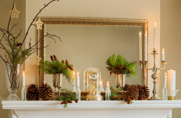 mantelpiece with christmas decor - home decoration stock pictures, royalty-free photos & images