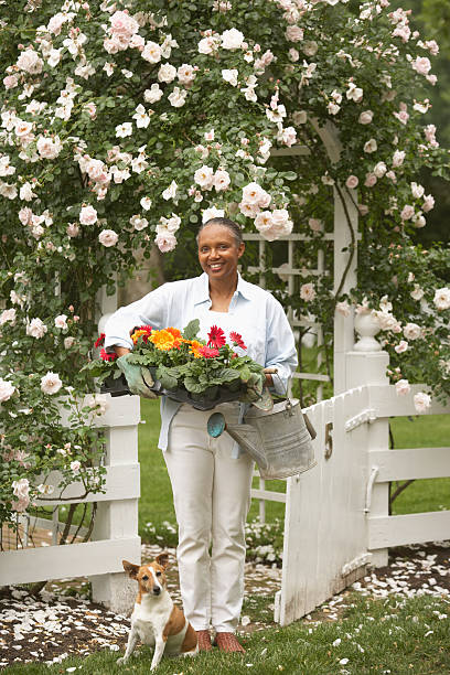 mature woman standing beneath archway in garden, smiling, portrait - garden decoration stock pictures, royalty-free photos & images