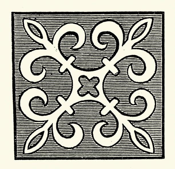 medieval title design, geometrical shape, cross ending in trefoils, art design, vintage illustration 19th century victorian, by dora greenfield - home decoration stock illustrations