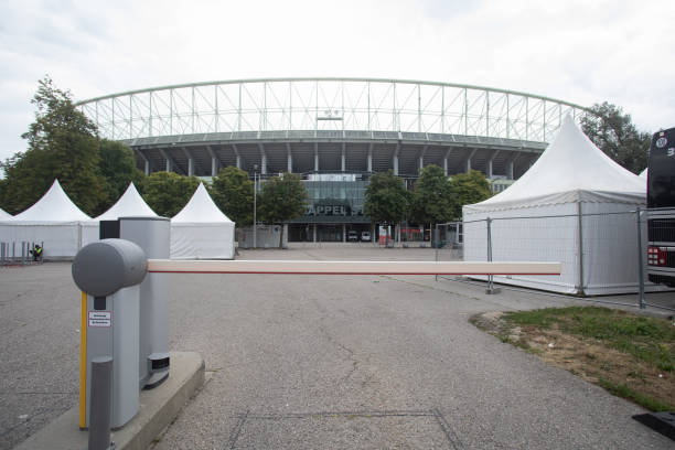 Merchandising booths for items related to US mega-star Taylor Swift are closed next to the Ernst-Happel Stadium in Vienna, Austrian, on August 8...