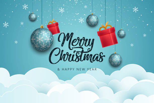 merry christmas and happy new year. hanging blue xmas decorative balls festive realistic decor. - home decoration stock illustrations