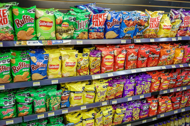 Mexico City, Mexico, Anzures, Gomart convenance store, snacks food chips, Ruffles Sabritas, bags.