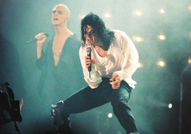 Michael Jackson performs on stage at Wembley Stadium, London on his Dangerous world tour, 20th August 1992.