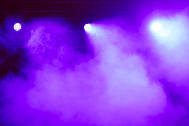 microphone on stage with blue lighting, fog effect and three spotlights. concert, show, smoke, party, singer, music and sound. - concert stock pictures, royalty-free photos & images