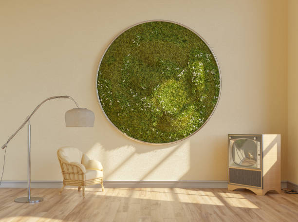 mid-century living room with moss wall - home decoration stock pictures, royalty-free photos & images
