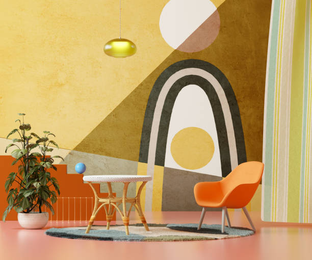 mid century room with boho design - home decoration stock pictures, royalty-free photos & images