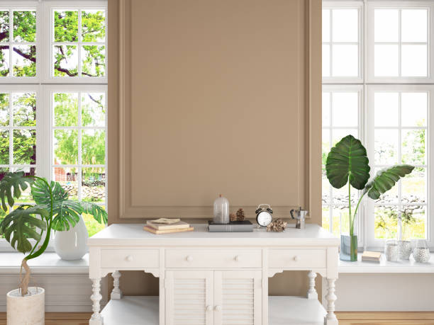 minimalistic room interior wooden wall with a drawer copy space - home decoration stockfoto's en -beelden