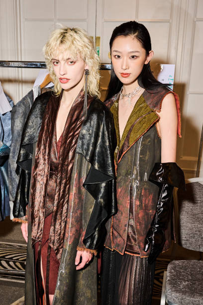 Model backstage ahead of the Apujan show during London Fashion Week September 2024 at The Waldorf Hilton Hotel on September 16, 2024 in London,...