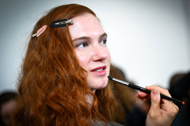 Model backstage at the TOGA show during London Fashion Week February 2025 at Royal Academy of Arts on February 23, 2025 in London, England.