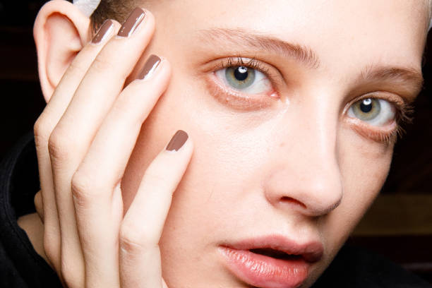 Model , beauty and nails detail, poses in the backstage of the Giada fashion show during the Milan Fashion Week - Spring / Summer 2022 on September...