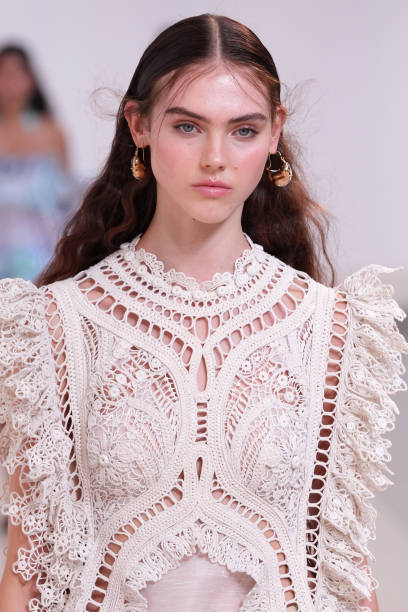 Model, fashion details, walks the runway during the Zimmermann Paris Womenswear Spring-Summer 2025 show as part of Paris Fashion Week on September...
