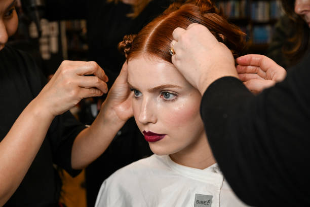 Model is seen backstage at the Annie's Ibiza Collection London Fashion Week Runway Show during London Fashion Week February 2025 on February 22, 2025...
