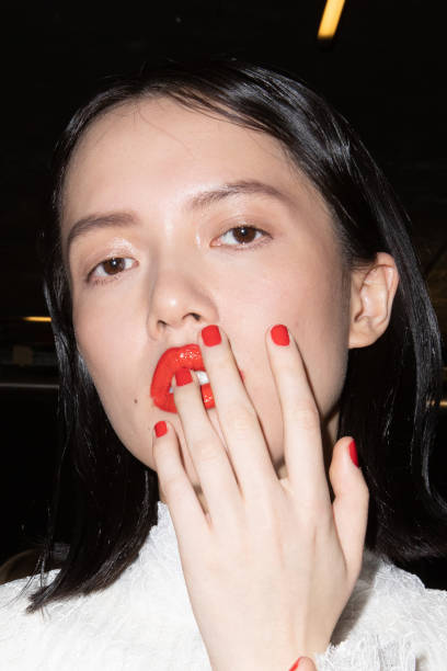 Model is seen backstage at the MSGM fashion show on February 22, 2020 in Milan, Italy.