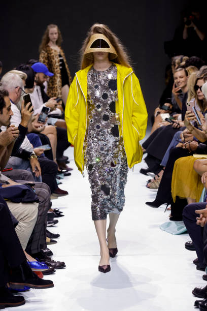 Model is seen on the catwalk at the Prada fashion show during Milan Fashion Week, September 19 2023.