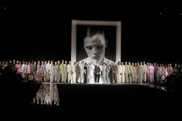 Model on the runway at Emporio Armani RTW Spring 2025 as part of Milan Ready to Wear Fashion Week on September 19, 2024 in Milan, Italy.