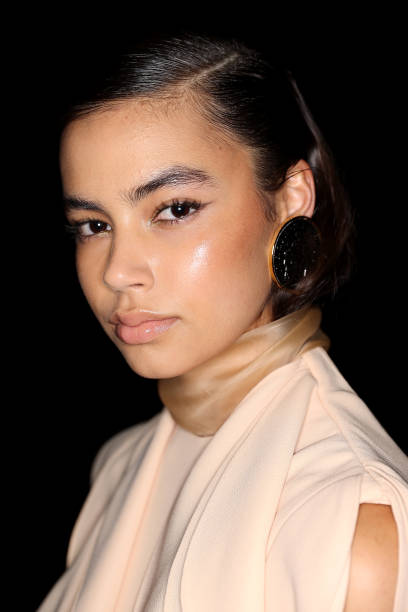 Model poses backstage ahead of the Carla Zampatti Presented by Porsche show during Australian Fashion Week Presented By Pandora 2024 at Carriageworks...