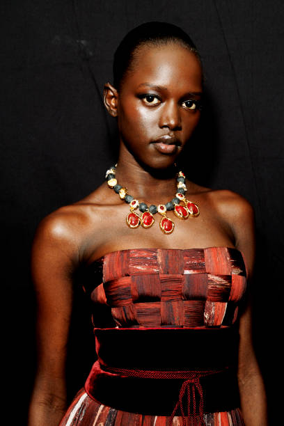 Model poses backstage at the Roberto Cavalli fashion show during the Milan Fashion Week - Womenswear Fall/Winter 2025/2026 on February 27, 2025 in...