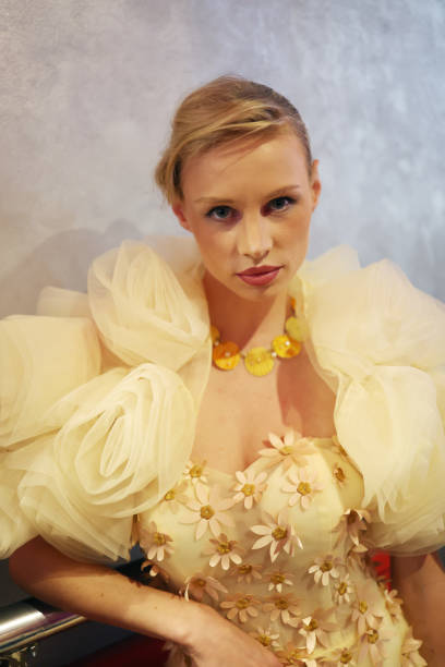 Model poses backstage prior to the Christophe Guillarmé Womenswear Spring-Summer 2025 show as part of Paris Fashion Week on September 25, 2024 in...