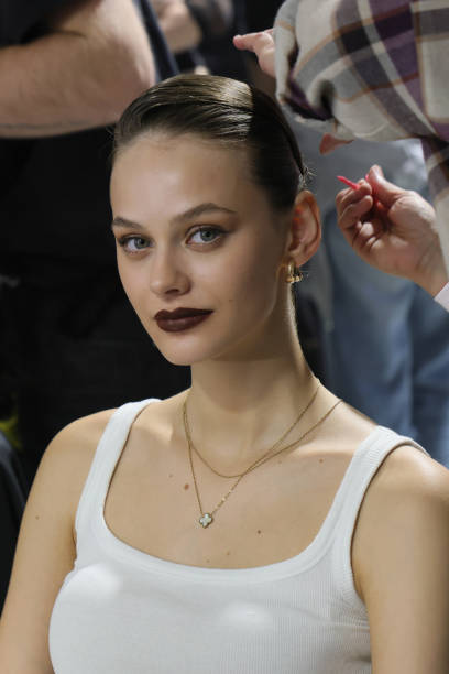 Model poses backstage prior to the Georges Hobeika Womenswear Fall/Winter 2025-2026 show as part of Paris Fashion Week at Palais De Tokyo on March...