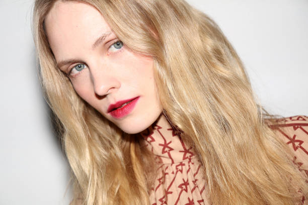 Model poses backstage prior to the Léonard Paris Womenswear Fall/Winter 2024-2025 show as part of Paris Fashion Week on March 01, 2024 in Paris,...