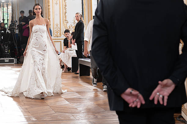Model poses backstage prior to the Tony Ward Haute Couture Fall/Winter 2025/2026 show as part of Paris Fashion Week at Hotel Pozzo di Borgo on July...