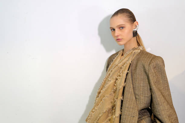 Model poses backstage prior to the Uma Wang Womenswear Fall/Winter 2025-2026 show as part of Paris Fashion Week at Cite de l'Architecture et du...