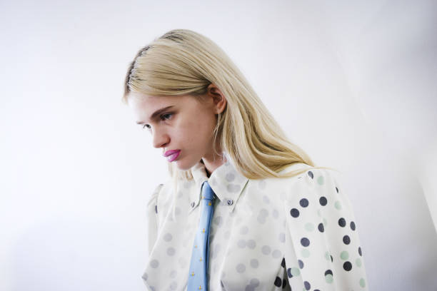 Model poses backstage prior to the Vivienne Westwood Womenswear Fall/Winter 2025-2026 show as part of Paris Fashion Week at Pavillon Cambon on March...