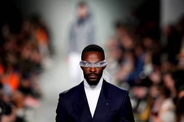 Model presents a creation from the Portuguese fashion designer Nuno Gama during the Lisbon Fashion Week - ModaLisboa AWAKE F/W 20-21 in Lisbon,...