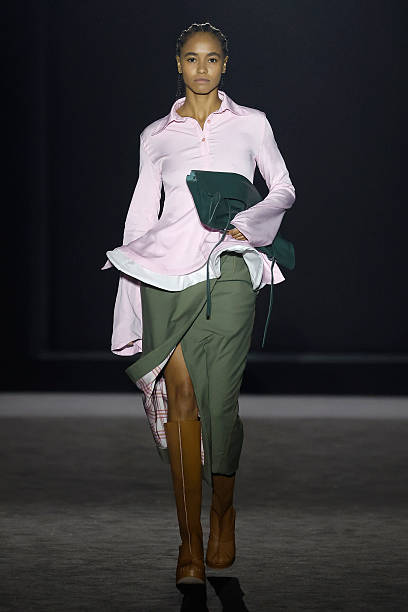 Model walks the runway at the Habey Club fashion show during the 35th edition of 080 Barcelona Fashion Week at Recinto Modernista de Sant Pau on...