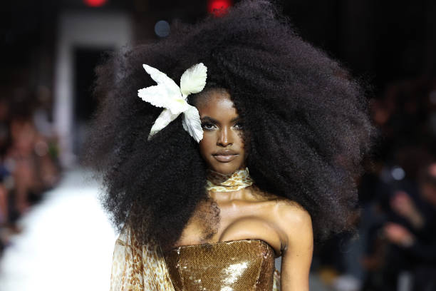 Model walks the runway at the LaQuan Smith fashion show during the September 2024 New York Fashion Week on September 09, 2024 in New York City.