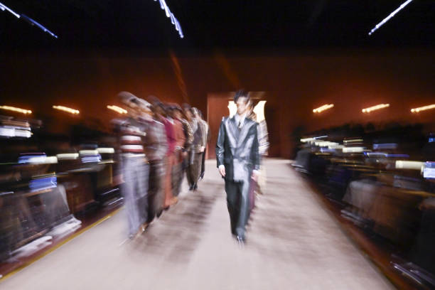 Model walks the runway during the Amiri Ready to Wear Fall/Winter 2025-2026 fashion show as part of the Paris Men Fashion Week on January 23, 2025 in...