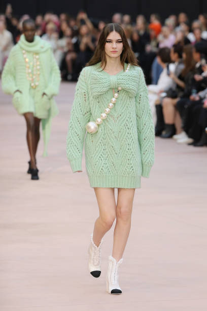 Model walks the runway during the Chanel Womenswear Fall/Winter 2025-2026 show as part of Paris Fashion Week at Grand Palais on March 11, 2025 in...