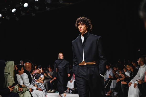 Model walks the runway during the KML show at Riyadh Fashion Week October 20, 2024 in Riyadh, Saudi Arabia.